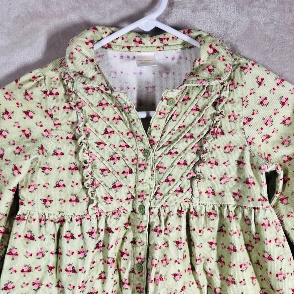 Vintage Style Floral Corduroy Dress Kids‎ 7 Green Pink Ruffles Prairie Cottage